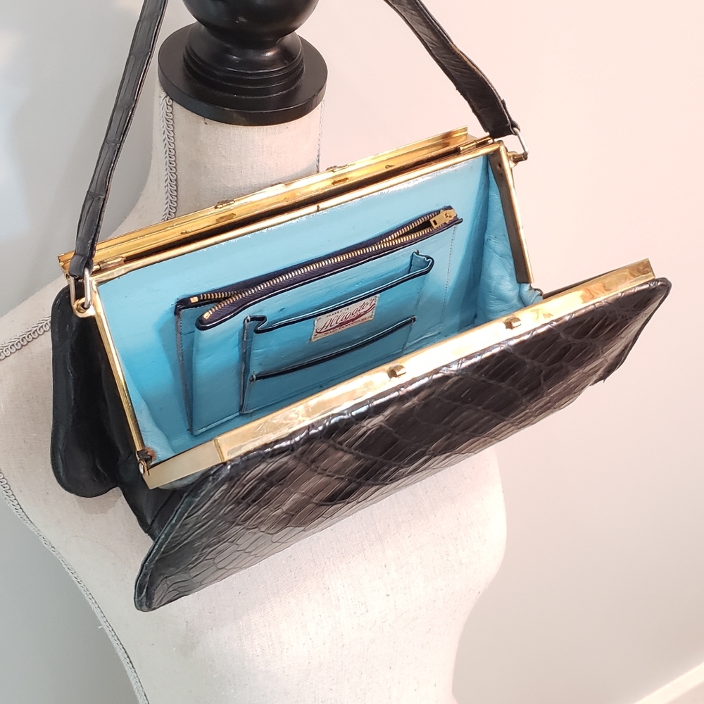 VINTAGE- Original Alligator Bag w/ Retro Blue Leather Interior
